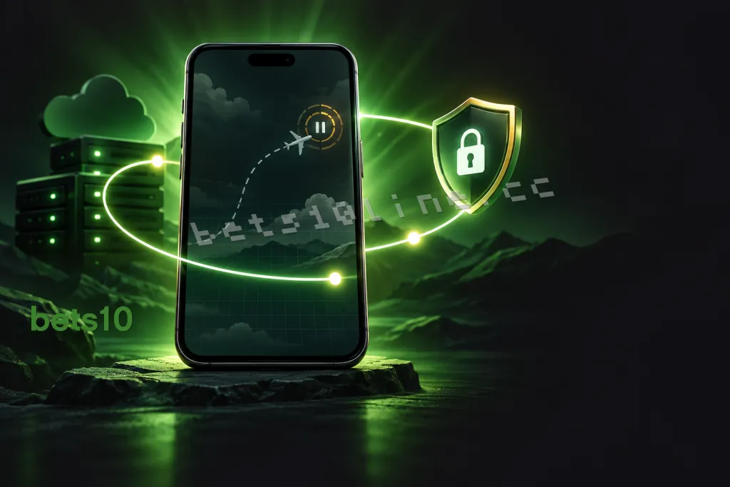 Koyu zeminde yeşil ışık hatları ve kalkan simgesiyle çevrili telefon, bets10 Aviator donma sorununda bağlantı ve hesap güvenliği kontrolünü betimliyor.