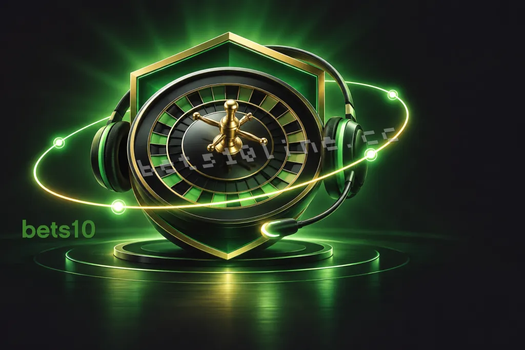 Koyu zeminde yeşil ışık hatlarıyla çevrelenen rulet ve kalkan, bets10 destek kapsamında bağlantı sorunları ile hesap güvenliği konusunu betimliyor.