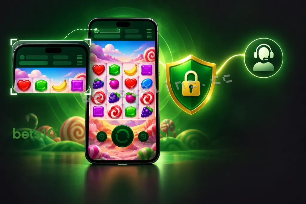 Koyu zeminde yeşil ışıklarla çevrili telefon ve kalkan simgesi, bets10 destek görüşmesi için kişisel bilgileri gizlenmiş Sweet Bonanza ekranını gösteriyor.